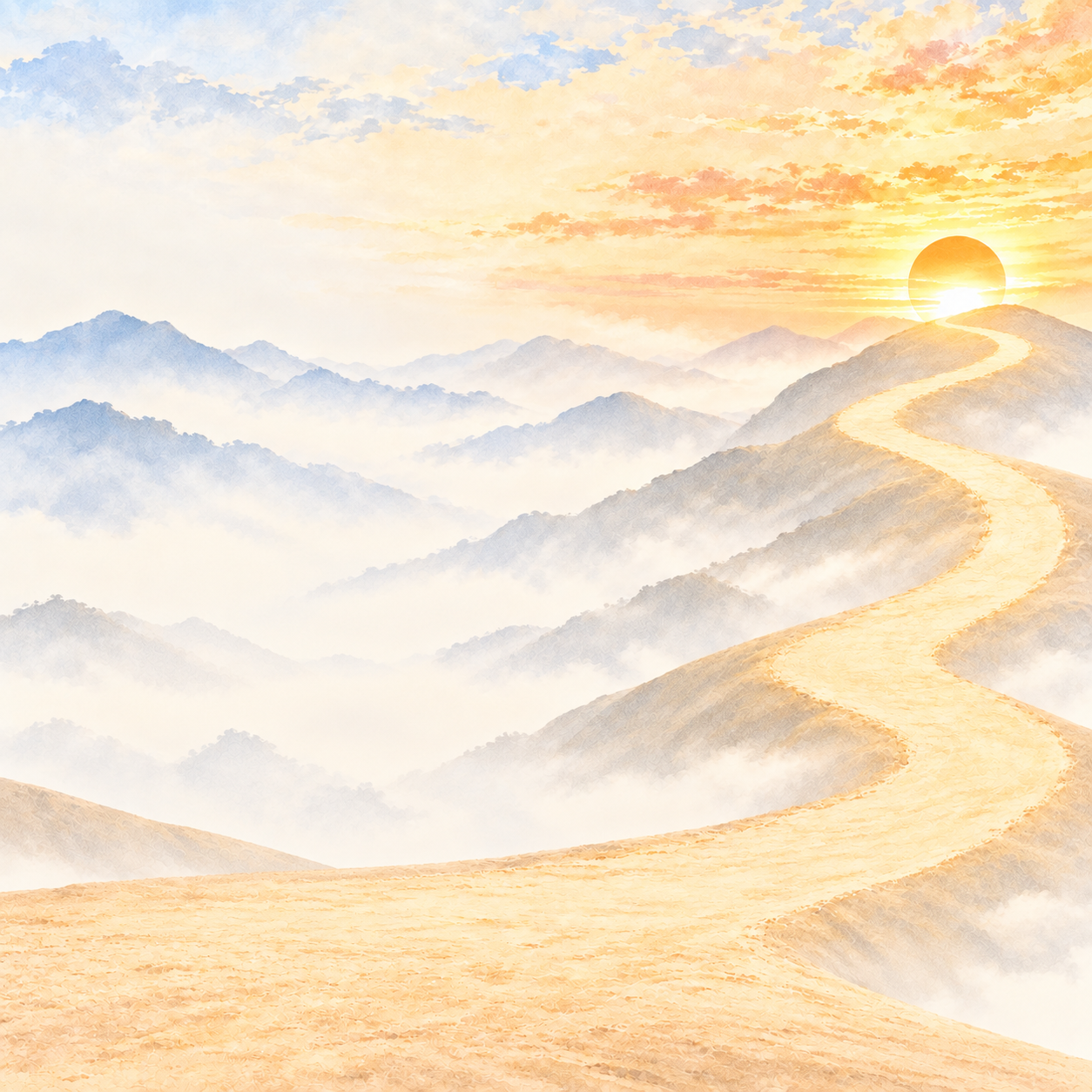 A golden path rising through misty mountains toward sunlight